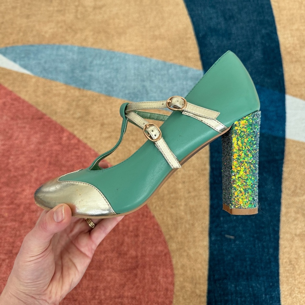 ModCloth “Strut in the World” Seafoam Glittery Heels